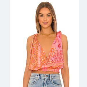 NWOT Free People Tied to You Print Surplice Tank in Lemonade Combo